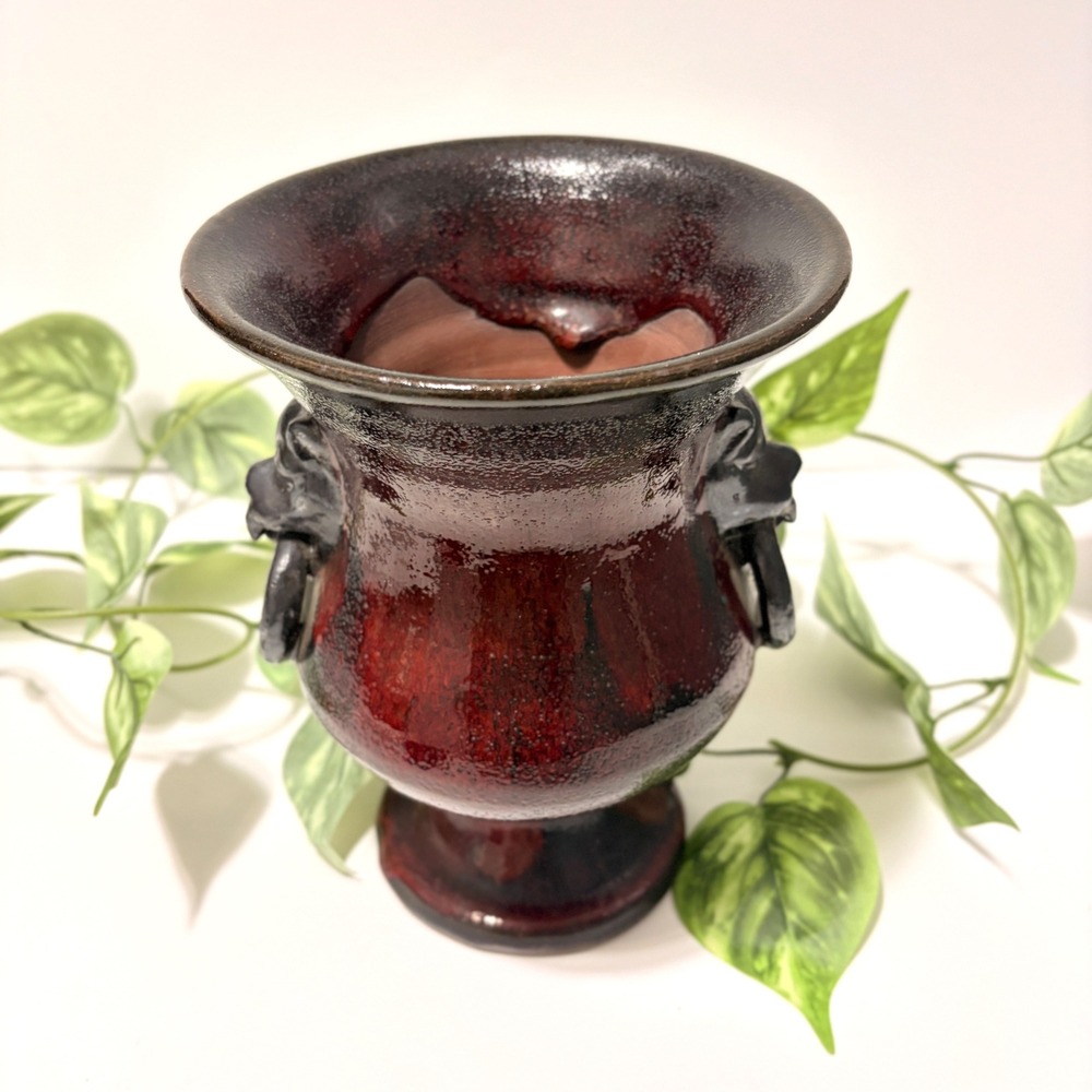 RARE Gargoyle Handle Urn Vase Oxblood Red Black Volcanic Glaze Terracotta 8.5" - Picture 12 of 16
